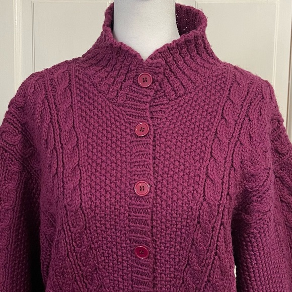 Vintage Hand Knit 100% Wool Cableknit Fisherman Cardigan Sweater Medium Purple - Picture 3 of 12